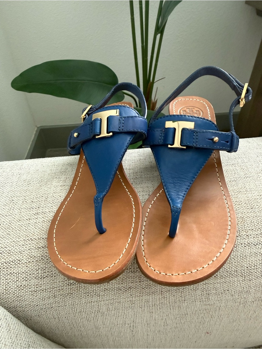 Tory Burch Casey Blue Leather Wedge Thong Sandals with Gold Buckles, Size 7